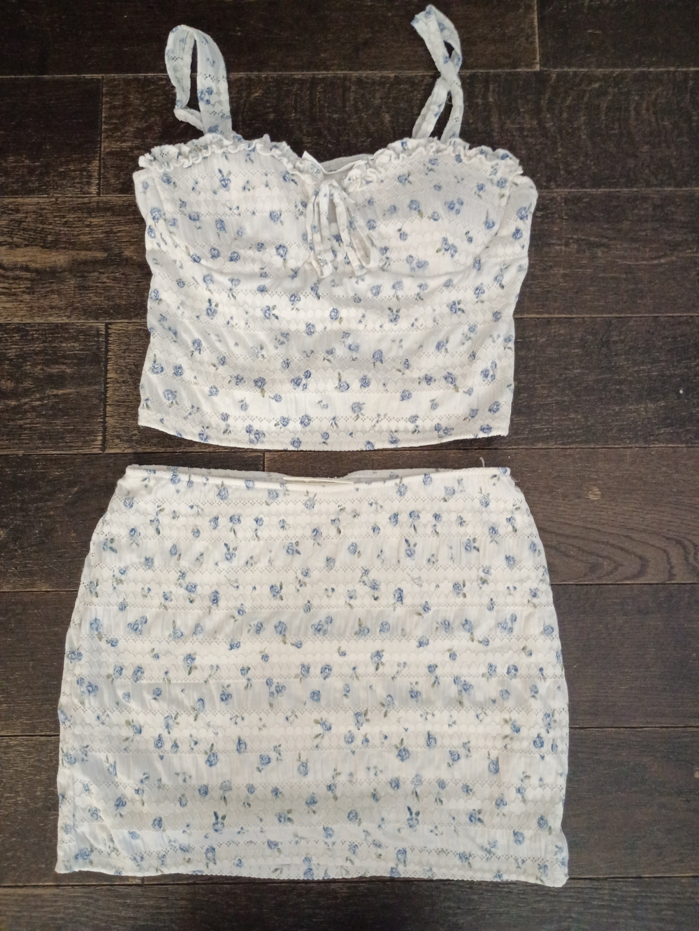 No Boundaries White and Blue Floral Smocked Midi Skirt Set
